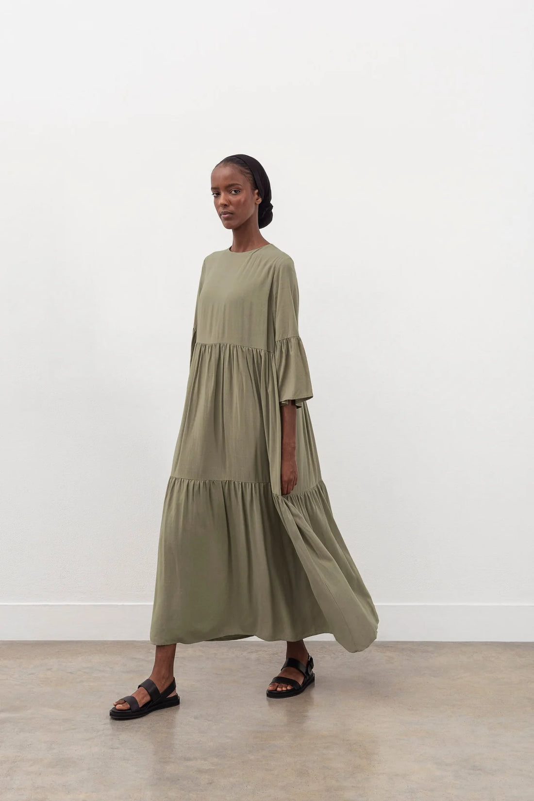OLIVE WIDE SLEEVE MIDI DRESS DRESS