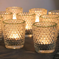 DECORATIVE CLEAR HONEYCOMB GLASS TEALIGHT HOLDER WITH GOLD RIM | BOX OF 12