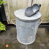 VINTAGE METAL STORAGE BIN WITH TWO HANDLES, LID AND SCOOP