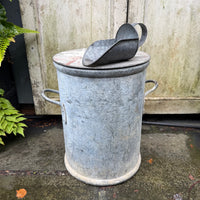 VINTAGE METAL STORAGE BIN WITH TWO HANDLES, LID AND SCOOP