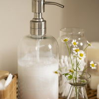 GLASS DISPENSER BOTTLE WITH SILVER COLOURED STAINLESS PUMP