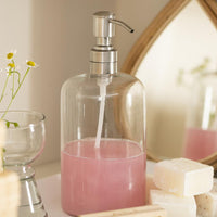 GLASS DISPENSER BOTTLE WITH SILVER COLOURED STAINLESS PUMP
