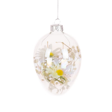GLASS EGG WITH WHITE DAISY DECORATION