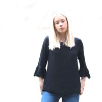 BAMBOO & COTTON FRILL SLEEVE EMILY TOP | GREY | S|M