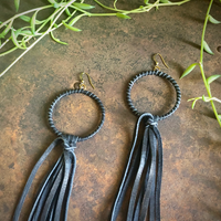 BLACK LEATHER HOOP & TASSEL EARRINGS