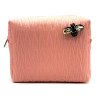 LARGE QUILTED RECYCLED NYLON WASH BAG WITH BUMBLEBEE PIN | PEACH