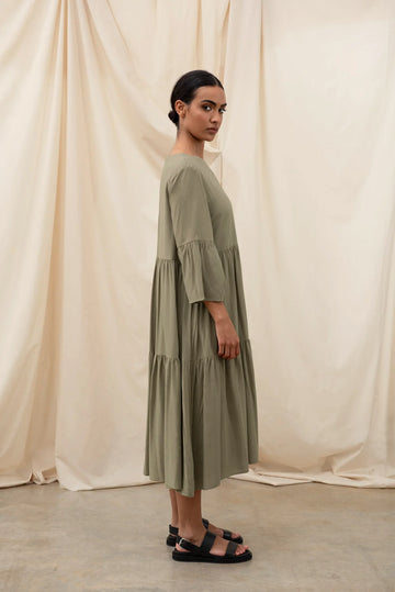OLIVE WIDE SLEEVE MIDI DRESS DRESS
