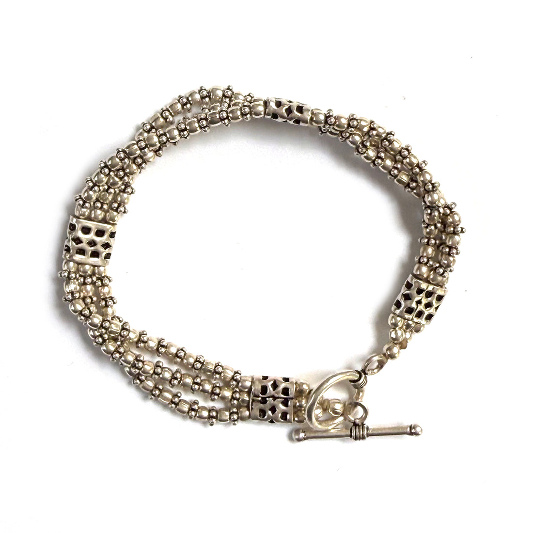 INDIAN SILVER BEADED THREE STRAND BRACELET