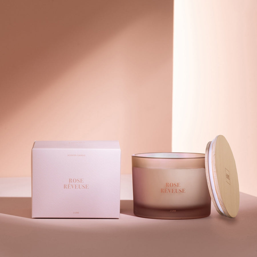 LARGE SCENTED 3 WICK CANDLE IN FROSTED GLASS |  ROSE REVEUSE