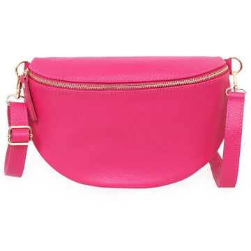 ITALIAN LEATHER LARGE HALF MOON CROSSBODY BAG | FUCHSIA