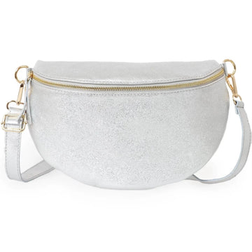 ITALIAN LEATHER LARGE HALF MOON CROSSBODY BAG | METALLIC SILVER