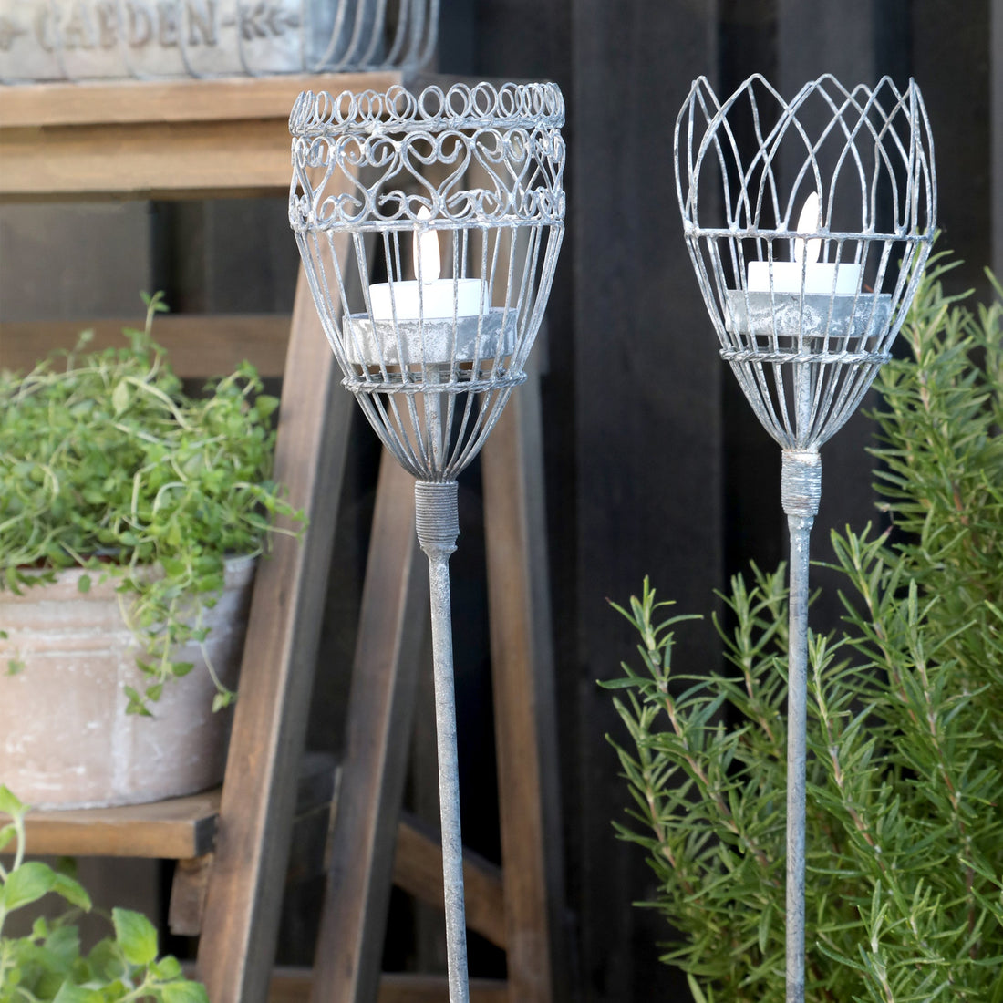 ANTIQUE ZINC SPEAR TEALIGHT HOLDER WITH GLASS | 2 DESIGNS
