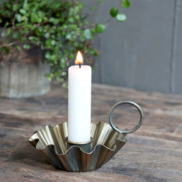 ANTIQUE BRASS CHAMBERSTICK WITH GROOVES CANDLE HOLDER