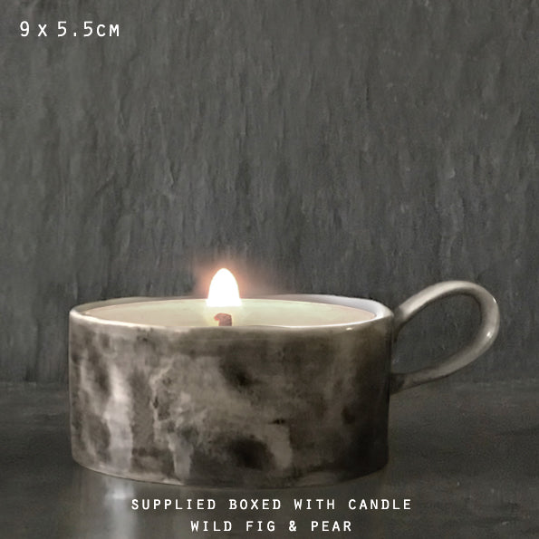 CERAMIC CANDLE HOLDER WITH HANDLE | BLACK WASH