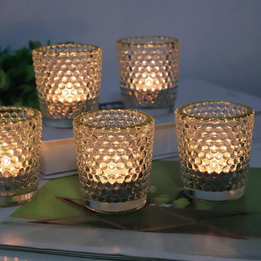 DECORATIVE CLEAR HONEYCOMB GLASS TEALIGHT HOLDER WITH GOLD RIM | BOX OF 12