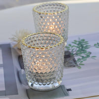 DECORATIVE CLEAR HONEYCOMB GLASS TEALIGHT HOLDER WITH GOLD RIM | BOX OF 12