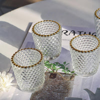 DECORATIVE CLEAR HONEYCOMB GLASS TEALIGHT HOLDER WITH GOLD RIM | BOX OF 12