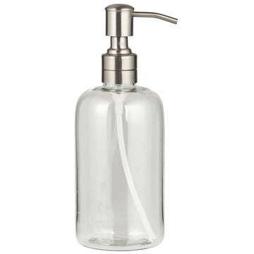 GLASS DISPENSER BOTTLE WITH SILVER COLOURED STAINLESS PUMP