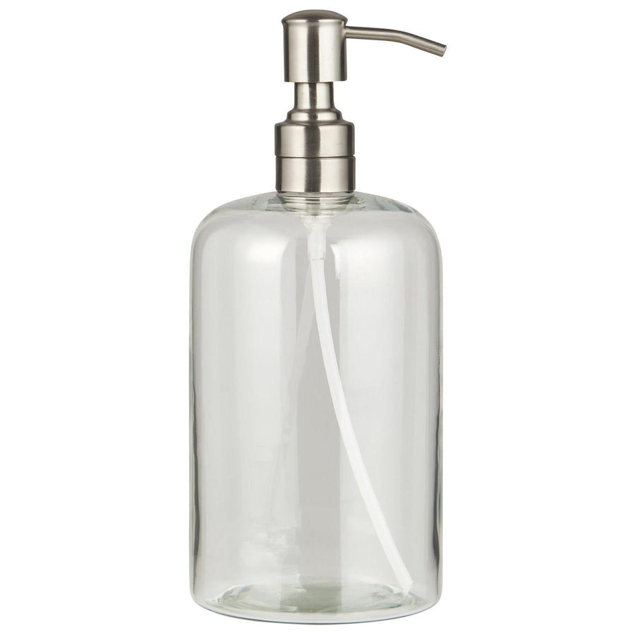 GLASS DISPENSER BOTTLE WITH SILVER COLOURED STAINLESS PUMP