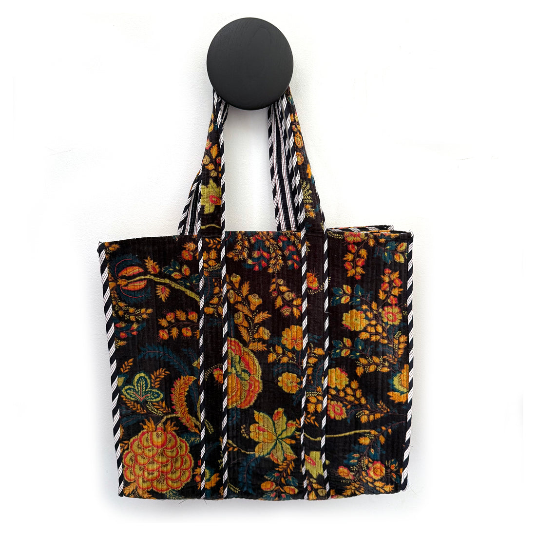 QUILTED VELVET SHOPPER TOTE | BLACK FLORAL