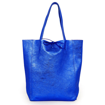 LEATHER TOTE SHOPPER BAG | METALLIC BLUE