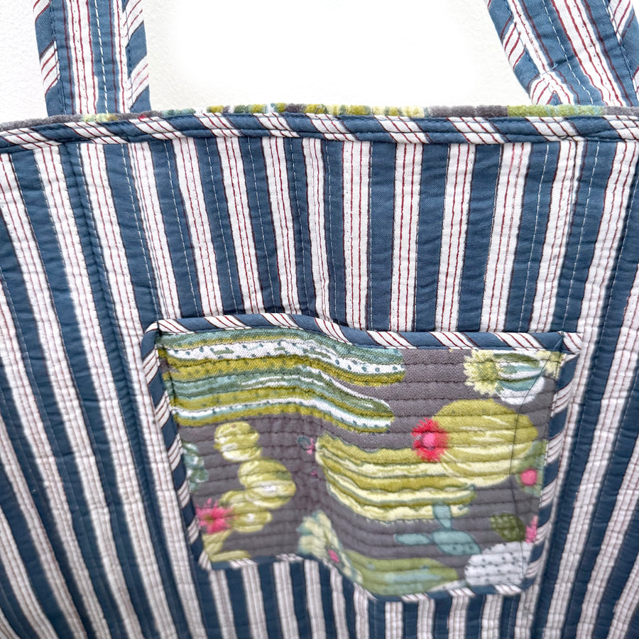 QUILTED VELVET SHOPPER TOTE | BLUE CACTUS