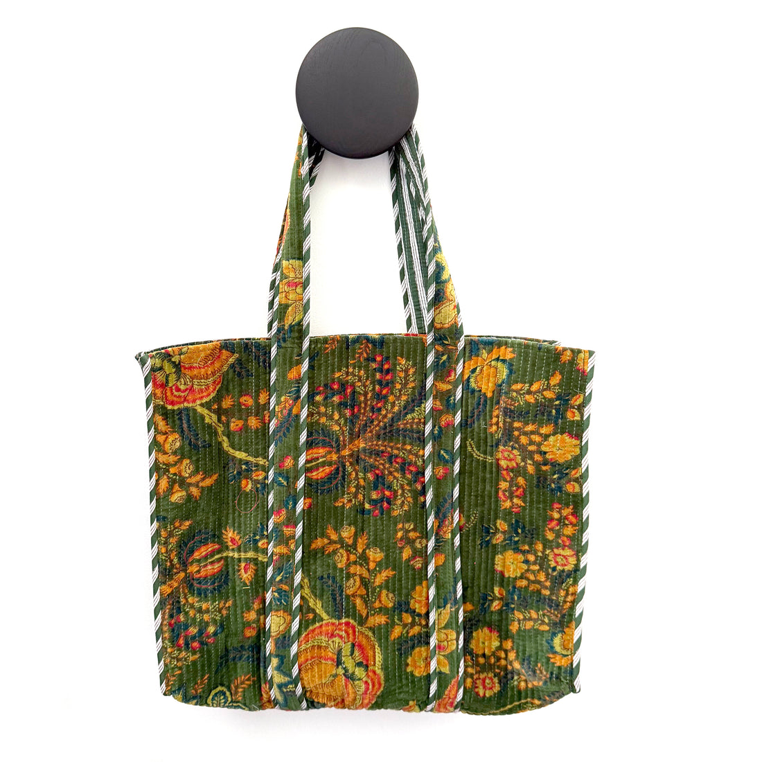 QUILTED VELVET SHOPPER TOTE | DARK GREEN FLORAL