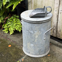 VINTAGE METAL STORAGE BIN WITH TWO HANDLES, LID AND SCOOP