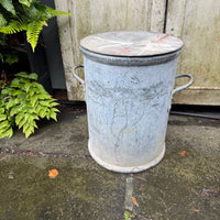 VINTAGE METAL STORAGE BIN WITH TWO HANDLES, LID AND SCOOP