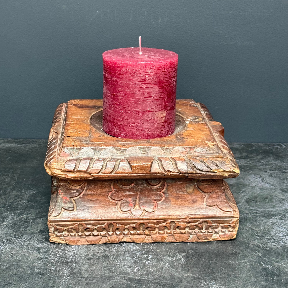LARGE VINTAGE WOODEN INDIAN CANDLE HOLDER