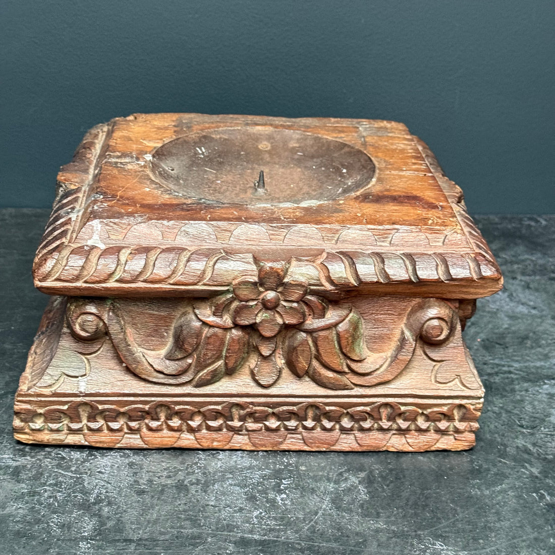 LARGE VINTAGE WOODEN INDIAN CANDLE HOLDER