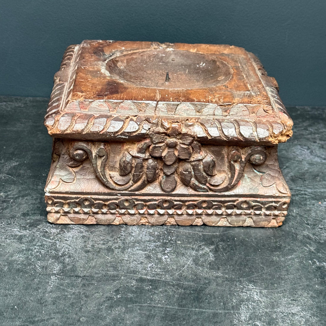 LARGE VINTAGE WOODEN INDIAN CANDLE HOLDER