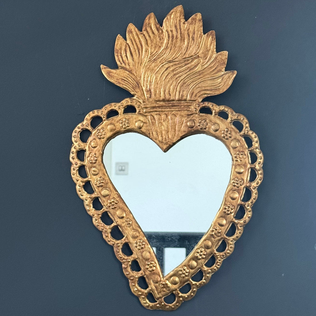 HANDMADE INDIAN BRASS FLAME HEART MIRROR