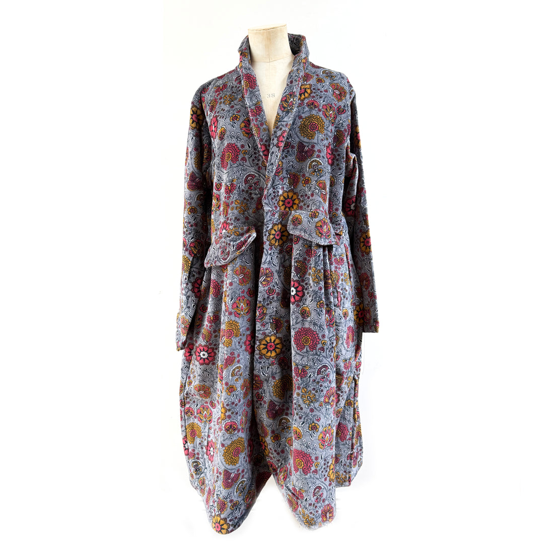 VELVET DUSTER COAT |  GREY WITH FLORAL PATTERN