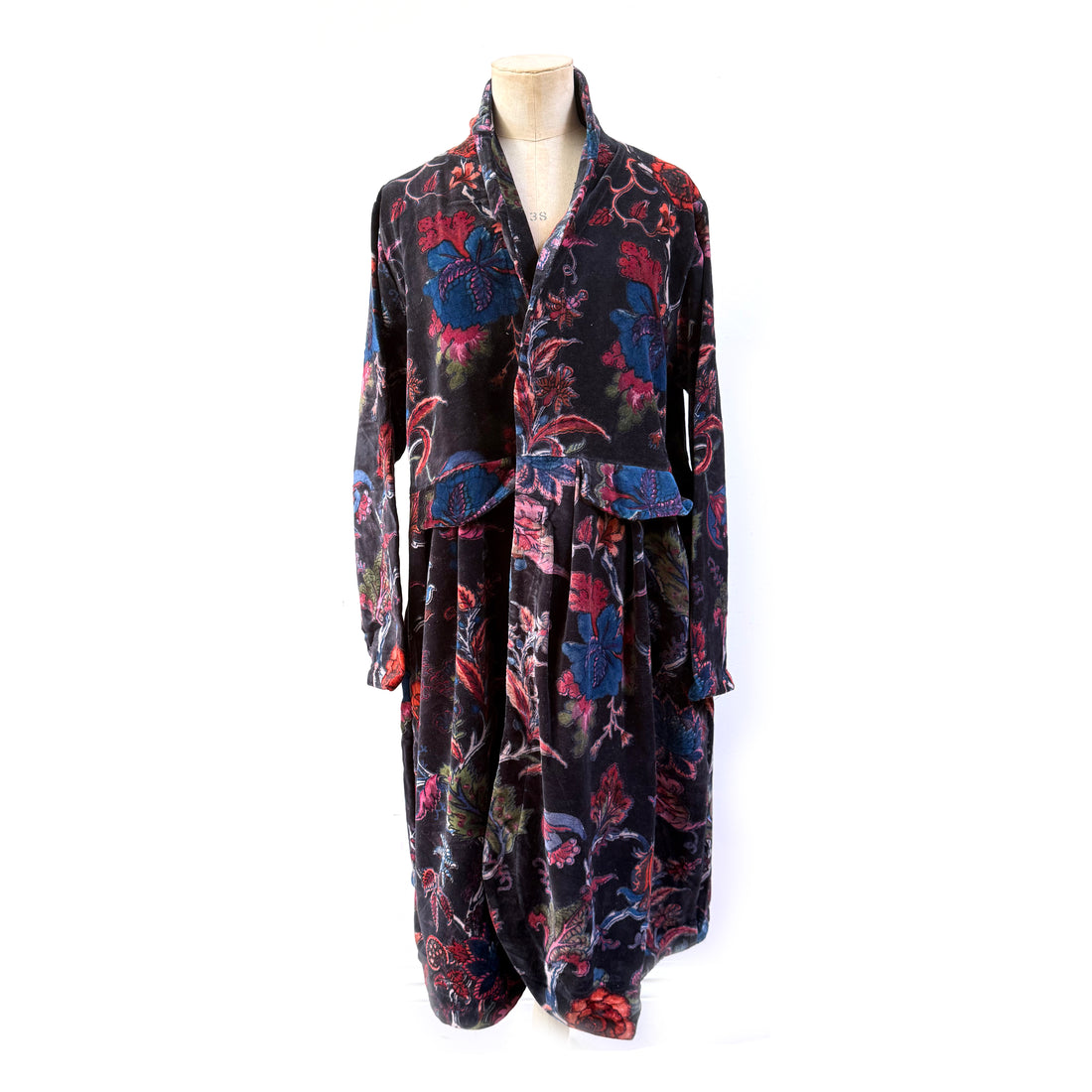 VELVET DUSTER COAT |  BLACK WITH FLORAL PATTERN
