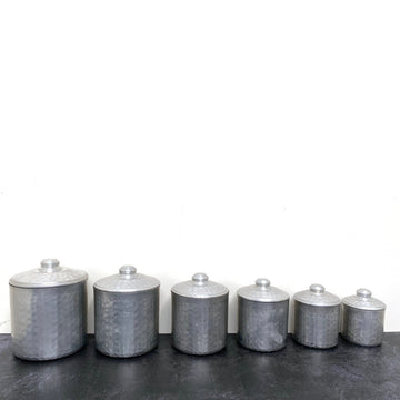 SET 6 VINTAGE FRENCH ALUMINIUM STORAGE CANISTERS