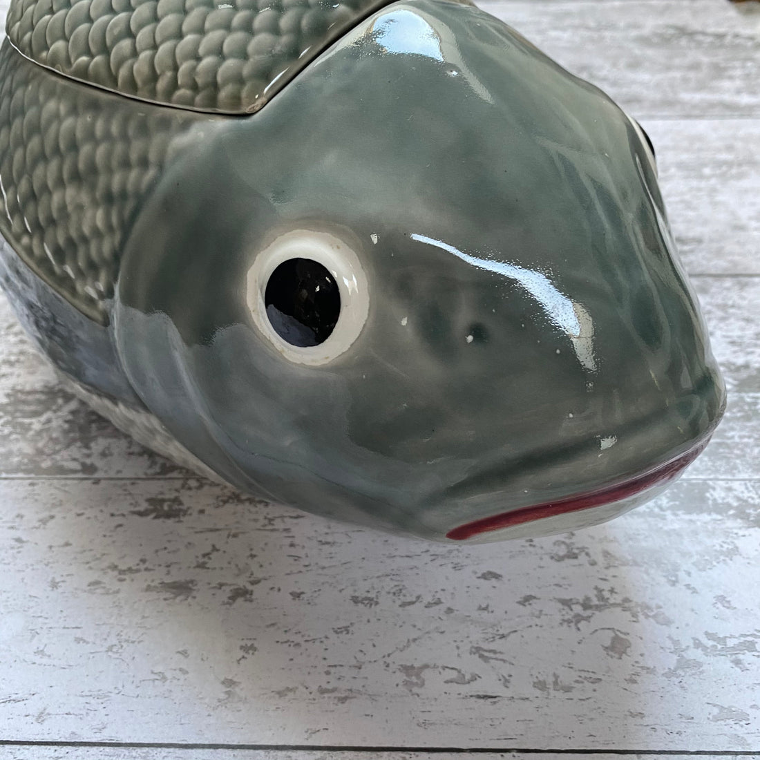VINTAGE FAIANCAS BELO PORTUGAL GREY FISH TUREEN WITH LADLE