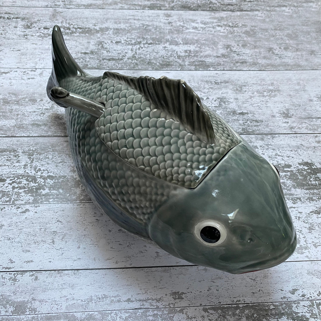 VINTAGE FAIANCAS BELO PORTUGAL GREY FISH TUREEN WITH LADLE
