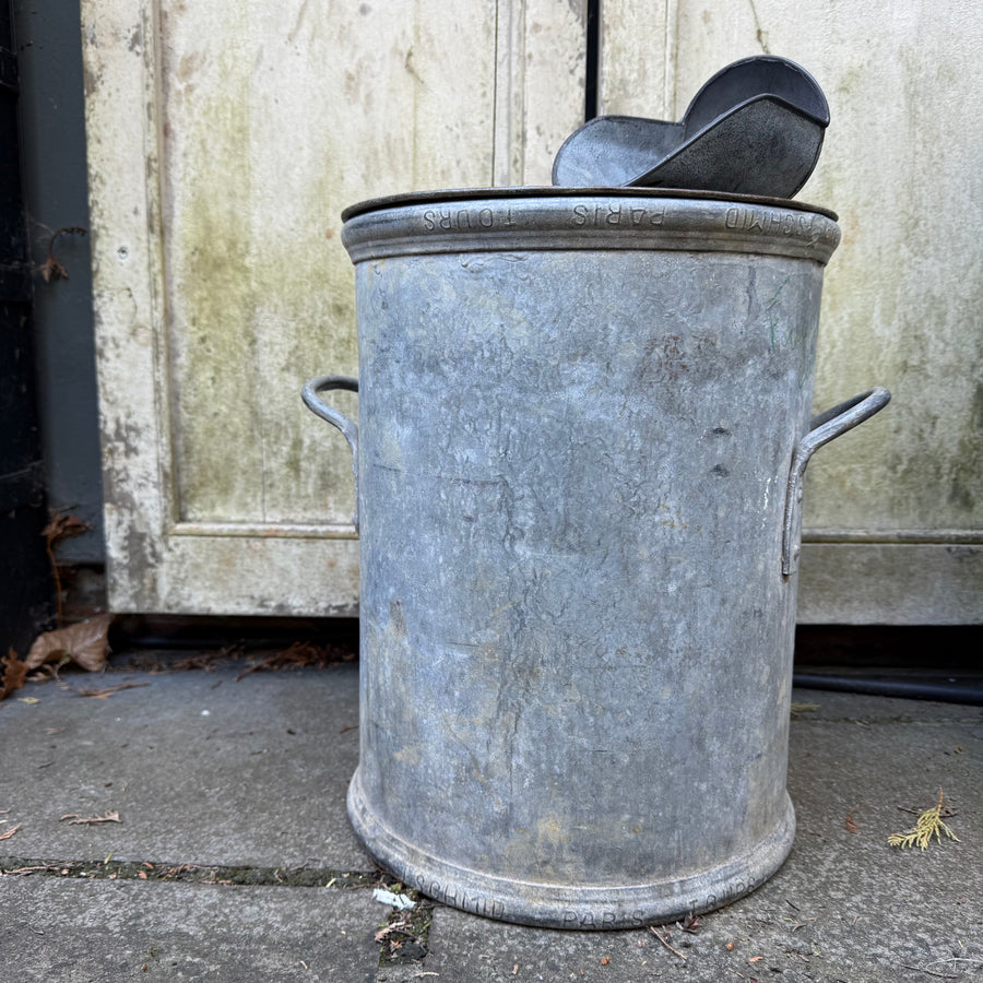 VINTAGE METAL STORAGE BIN WITH TWO HANDLES, LID AND SCOOP