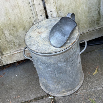 VINTAGE METAL STORAGE BIN WITH TWO HANDLES, LID AND SCOOP