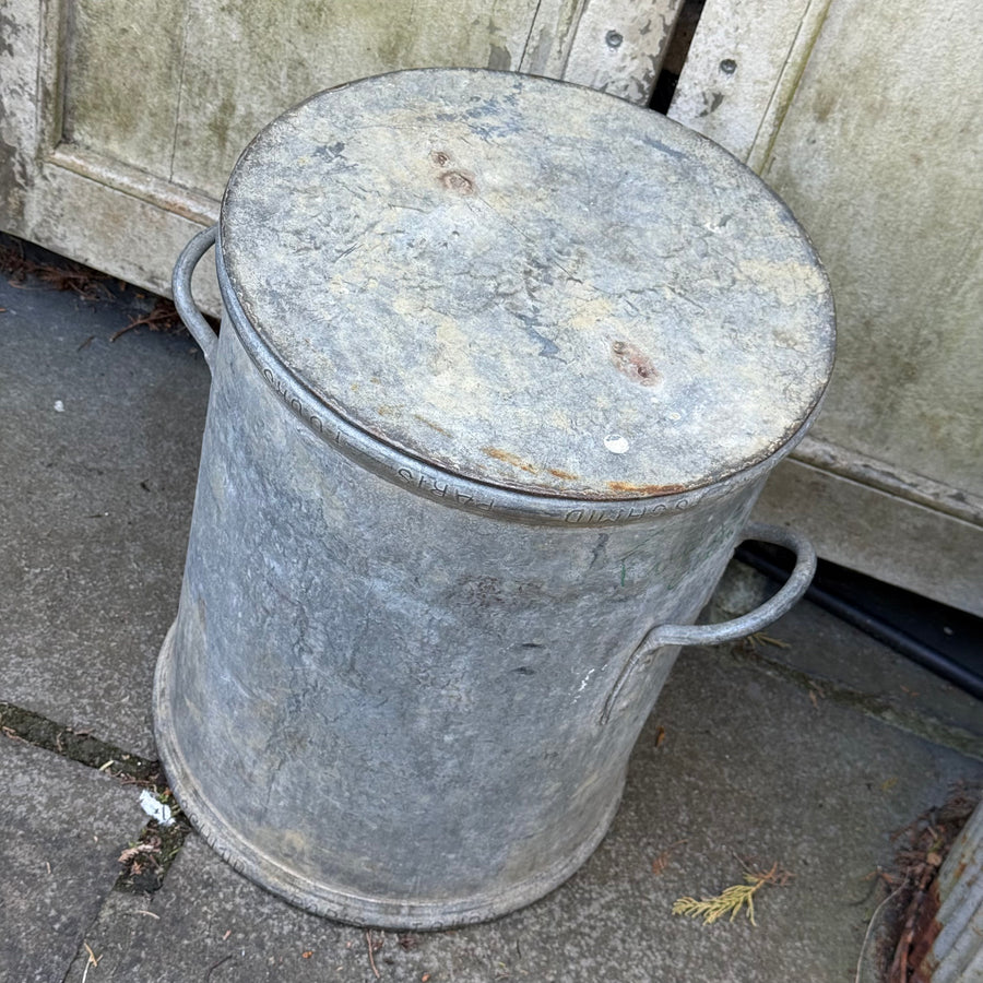 VINTAGE METAL STORAGE BIN WITH TWO HANDLES, LID AND SCOOP