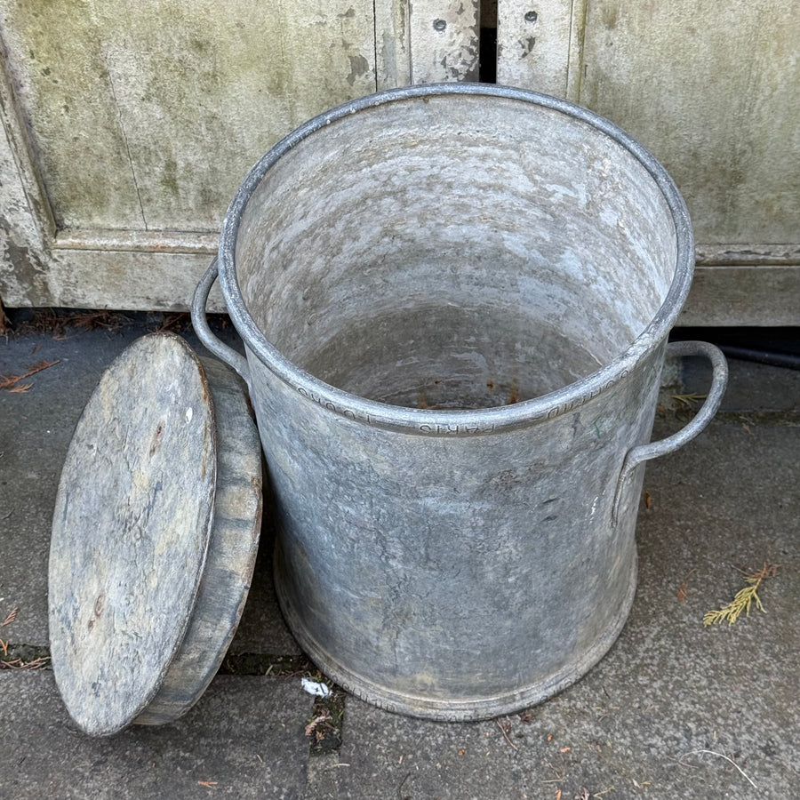VINTAGE METAL STORAGE BIN WITH TWO HANDLES, LID AND SCOOP