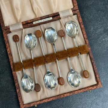 SET OF 6 SILVER VINTAGE COFFEE BEAN TEASPOONS