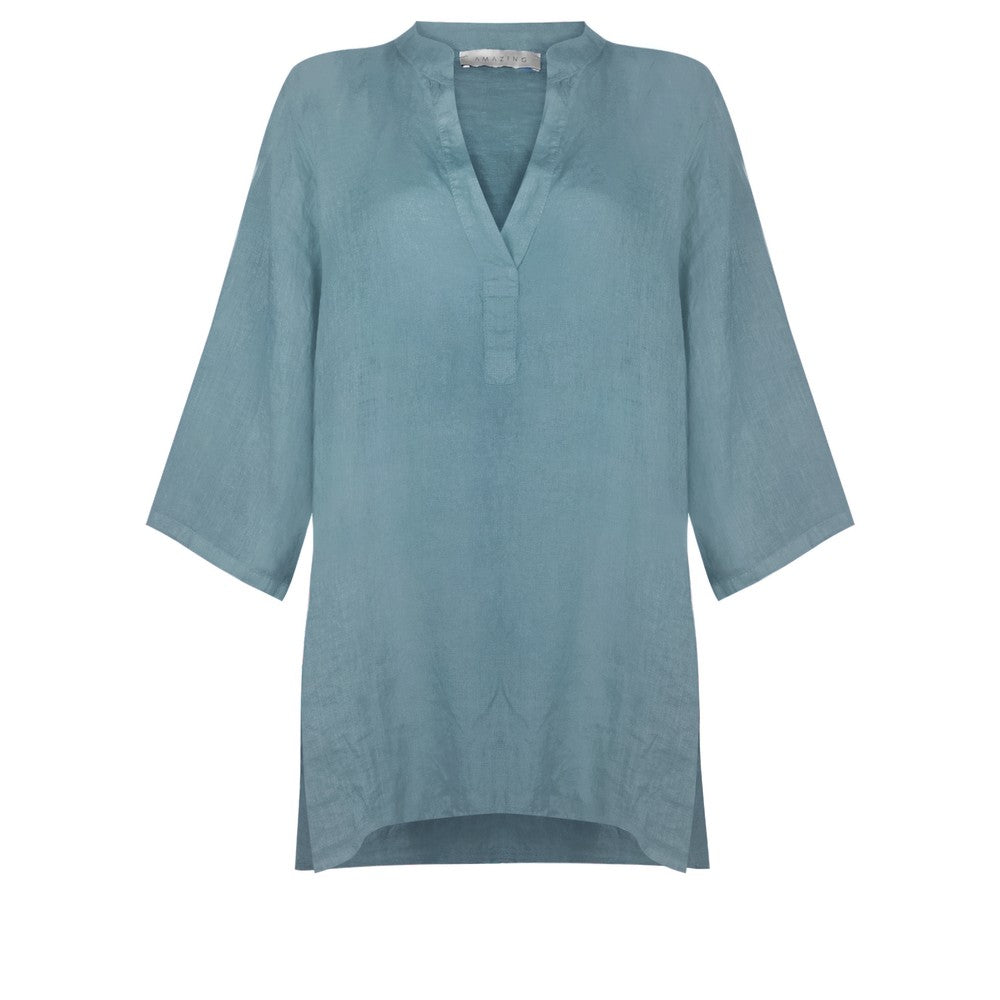 JENNY OVERSIZED LINEN GRANDAD SHIRT | DENIM BLUE