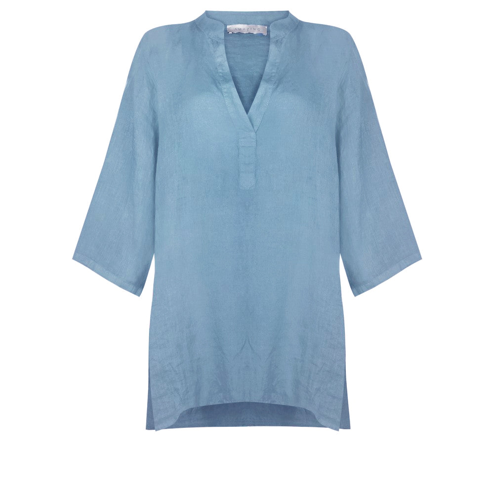 JENNY OVERSIZED LINEN GRANDAD SHIRT | DENIM BLUE