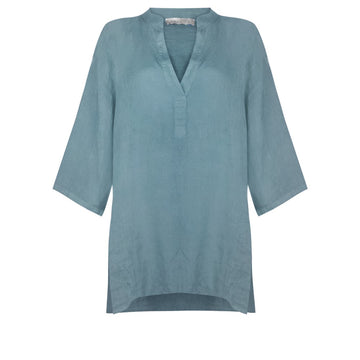 JENNY OVERSIZED LINEN GRANDAD SHIRT | DENIM BLUE