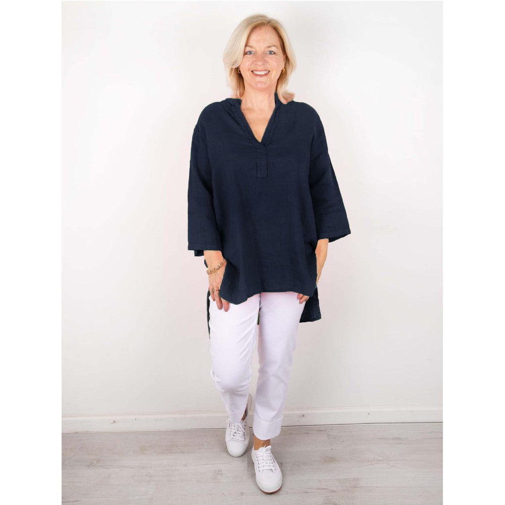 JENNY OVERSIZED LINEN GRANDAD SHIRT | DENIM BLUE
