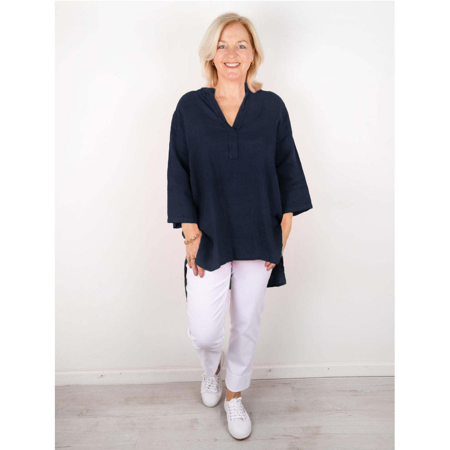 JENNY OVERSIZED LINEN GRANDAD SHIRT | DENIM BLUE