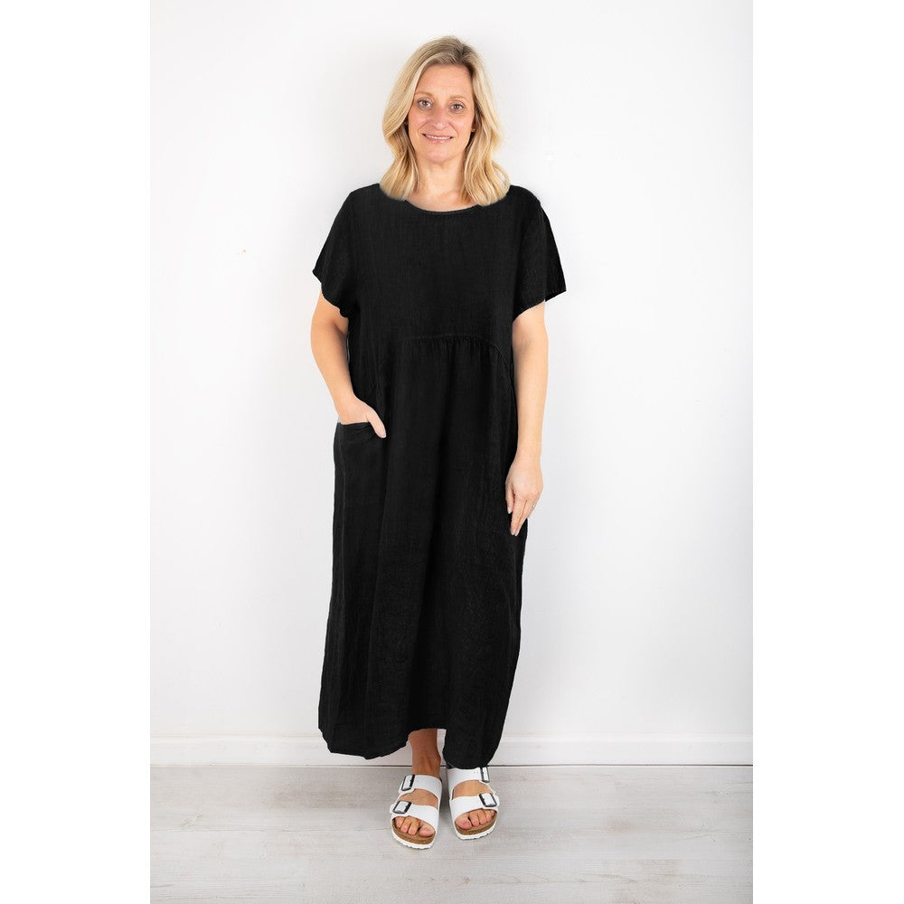 LEXIA LONG ROUND NECK LINEN DRESS | BLACK