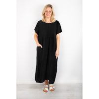 LEXIA LONG ROUND NECK LINEN DRESS | BLACK